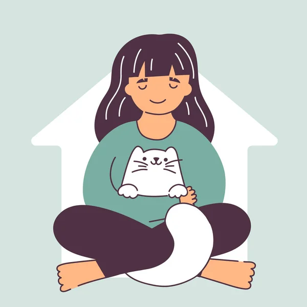 ホーム甘いホームコンセプトフラットベクトル漫画かわいいイラスト。幸せな女の子は彼と一緒に座って猫を抱擁。家への愛。家は猫のいる所だ — ストックベクタ