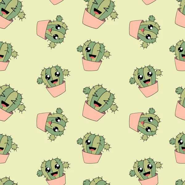 Seamless pattern vector with emojies cactus fanny cute faces green. Ideal for kids fabric, printing, decoration. — 스톡 벡터