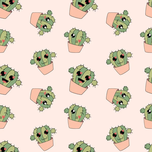 Seamless pattern vector with emojies cactus fanny cute faces pink. Ideal for kids fabric, printing, decoration. — 스톡 벡터