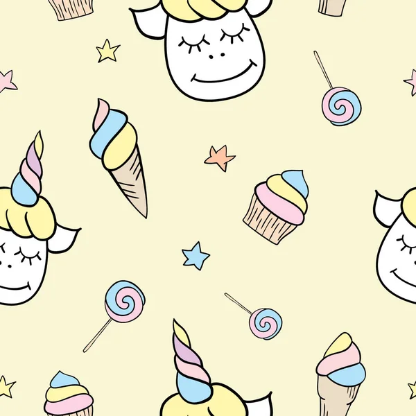 Seamless Pattern Vector Unicorns Fanny Cute Cartoon Style Sweets Cakes — Stock Vector