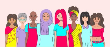 Ayrımcılık eşitsizliğine karşı hareket, farklı etnik grupların basmakalıp kadın grubu: Müslüman, Hintli, Afrikalı, gayri resmi. Önyargıyı kır. Bayan feminizmi. Uluslararası Kadın Günü. 