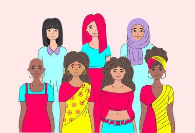 Ayrımcılık eşitsizliğine karşı hareket, farklı etnik grupların basmakalıp kadın grubu: Müslüman, Hintli, Afrikalı, gayri resmi. Önyargıyı kır. Bayan feminizmi. Uluslararası Kadın Günü. 