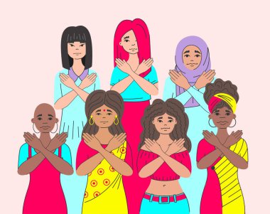 Ayrımcılık eşitsizliğine karşı hareket, farklı etnik grupların basmakalıp kadın grubu: Müslüman, Hintli, Afrikalı, gayri resmi. Önyargıyı kır. Bayan feminizmi. Uluslararası Kadın Günü. 