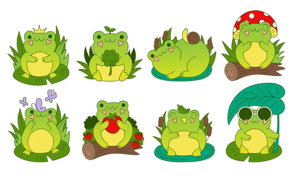 반사체에는 귀여운 개구리들이 있습니다 Kawaii Froggie Pack 동물들 아이들을 캐릭터들은 — 스톡 벡터