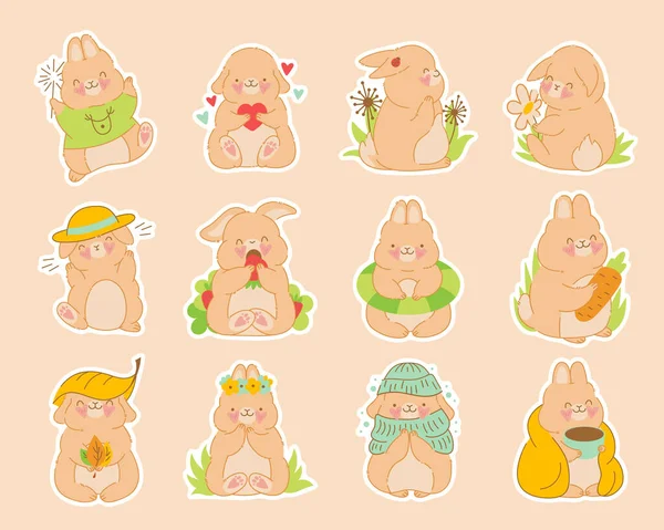 Cool cute set of baby animals rabbits stickers in cartoon kawaii style. Vector characters bunny bundle for kids. Isolated on whit