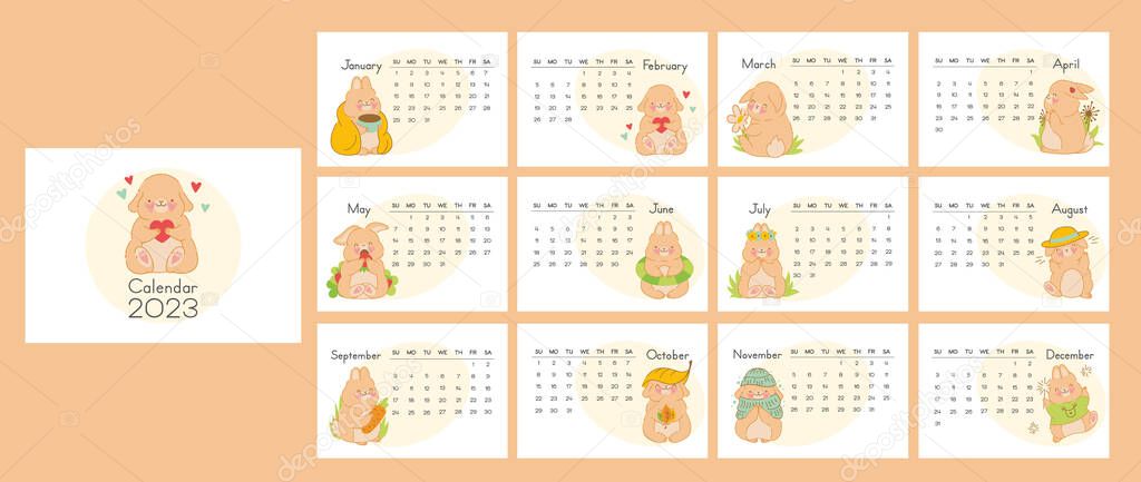 Vector vertical calendar 2023 with symbol of the year rabbit. Cute funny kawaii character baby bunny. Week starts in Sunday. Template with cover in size A4 A3 A2 A5. 
