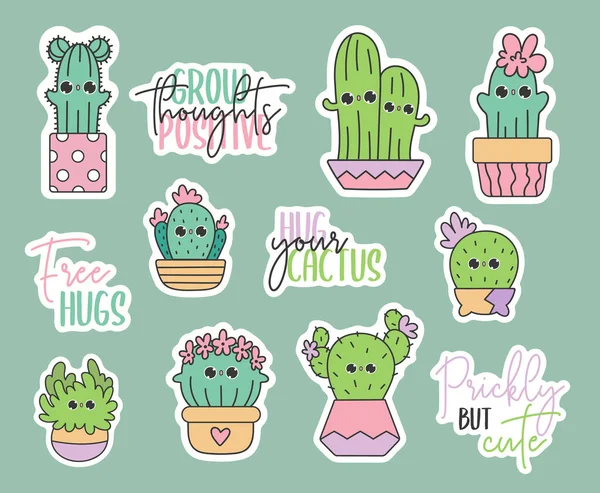 Cute Vector Stickers Pack Kawaii Doodles Cactus Pots Baby Cacti — Stockvector
