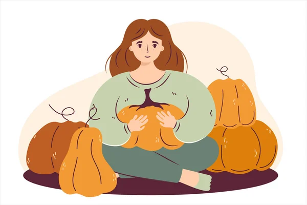 Autumn Cute Lady Pumpkin Woman Sitting Holding Pumpkin Cozy Fall — Stockový vektor