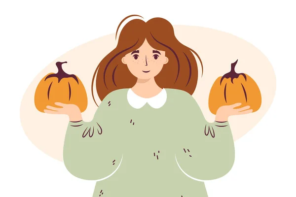 Autumn Cute Lady Pumpkin Woman Holding Pumpkins Cozy Fall Vector — ストックベクタ