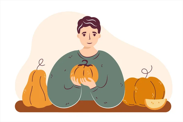 Autumn Cute Man Pumpkin Man Sitting Holding Pumpkin Cozy Fall — ストックベクタ