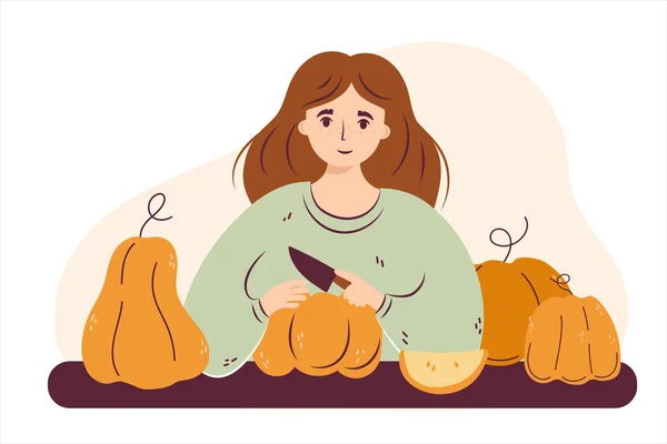 Autumn Cute Lady Pumpkin Woman Sitting Cutting Pumpkins Cozy Fall — Stock vektor