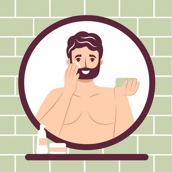 Skincare Routine Concept Close Mirror Reflection Happy Young Man Applying — Stock Vector
