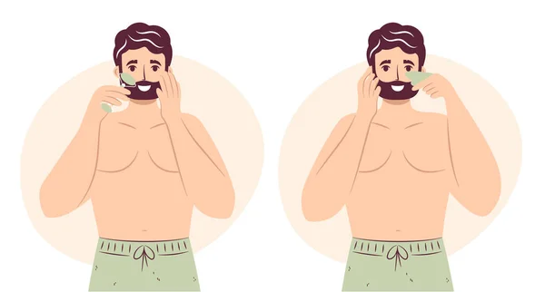 Skin Care Routine Concept Set Happy Handsome Bearded Man Doing — Vetor de Stock