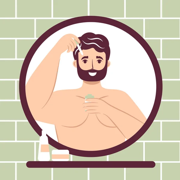 Skincare Routine Concept Close Mirror Reflection Happy Young Man Applying — Stockvector