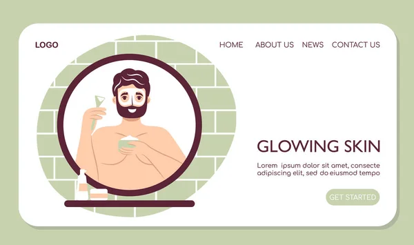 Webpage Landing Skin Care Routine Concept Happy Young Man Use — 图库矢量图片