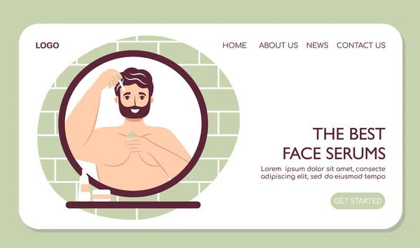 Webpage Landing Skin Care Routine Concept Happy Young Man Applying — 图库矢量图片