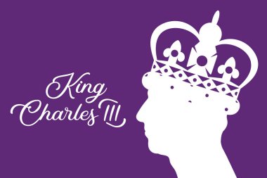 Londra, İngiltere, 09.08.2022 Kral III. Charles 'ın silueti. Crown 'daki İngiliz hükümdarı. Baş kenar görünüm profili silueti Galler Prensi.