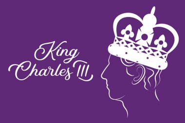 Londra, İngiltere, 09.08.2022 Kral III. Charles 'ın silueti. Crown 'daki İngiliz hükümdarı. Baş kenar görünüm profili silueti Galler Prensi.