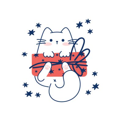 Noel ve yeni yıl için hediye kutusuyla komik kedi çiz ve kışın vektör illüstrasyon karakter koleksiyonu komik kedi çiz. Çizgi film stili.