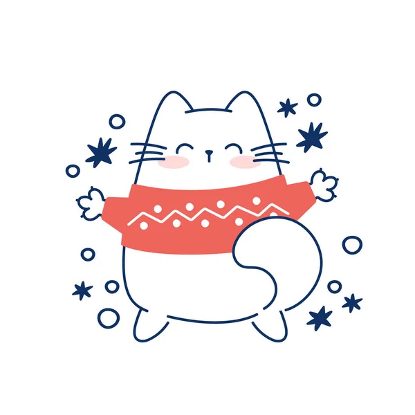 Narysuj Zabawny Kot Swetrze Boże Narodzenie Zimę Wektor Ilustracji Postaci — Wektor stockowy