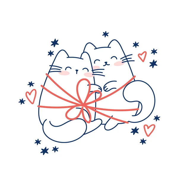 Dibujar Divertido Gato Enredó Cinta Vacaciones Para Navidad Invierno Vector — Vector de stock