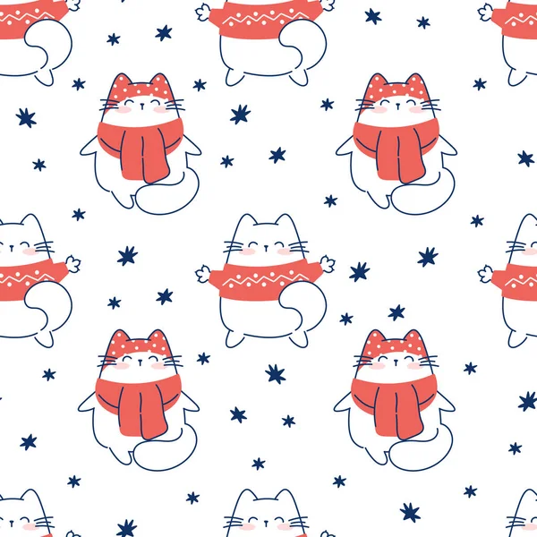 Нарисуйте Бесшовный Узор Милыми Кошками Белом Фоне Рождества Зимы Нового — стоковый вектор