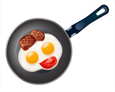 Kızartma tavasında iki yumurta ve domates dilimli leziz sığır etli burgerin yukarıdan görünüşü. Yemek pişirmenin vektör illüstrasyonu.