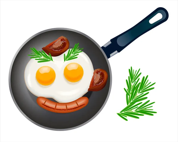 Overhead View Delicious Sausages Frying Pan Two Fried Eggs Rosemary — Stock Vector