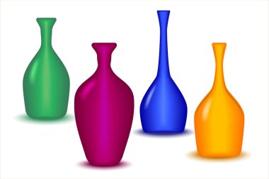 Modern renkli cam vazolar beyaz arka planda izole edilmiş. Sıra sıra pembe, sarı, mavi ve yeşil renkli cam şişeler. 3 boyutlu tasarım. Vektör EPS 10