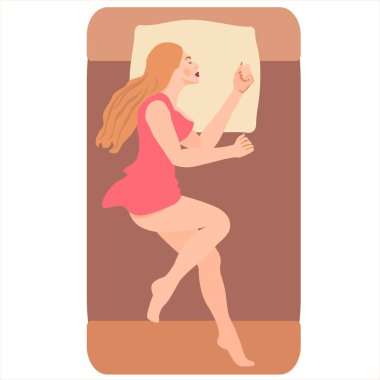 Yatakta battaniyesiz uyuyan güzel bir kadın. Kadın çizgi film karakteri yan tarafta rahat bir şekilde yatıyor. Üst Manzara. Düz biçimli basit illüstrasyon.