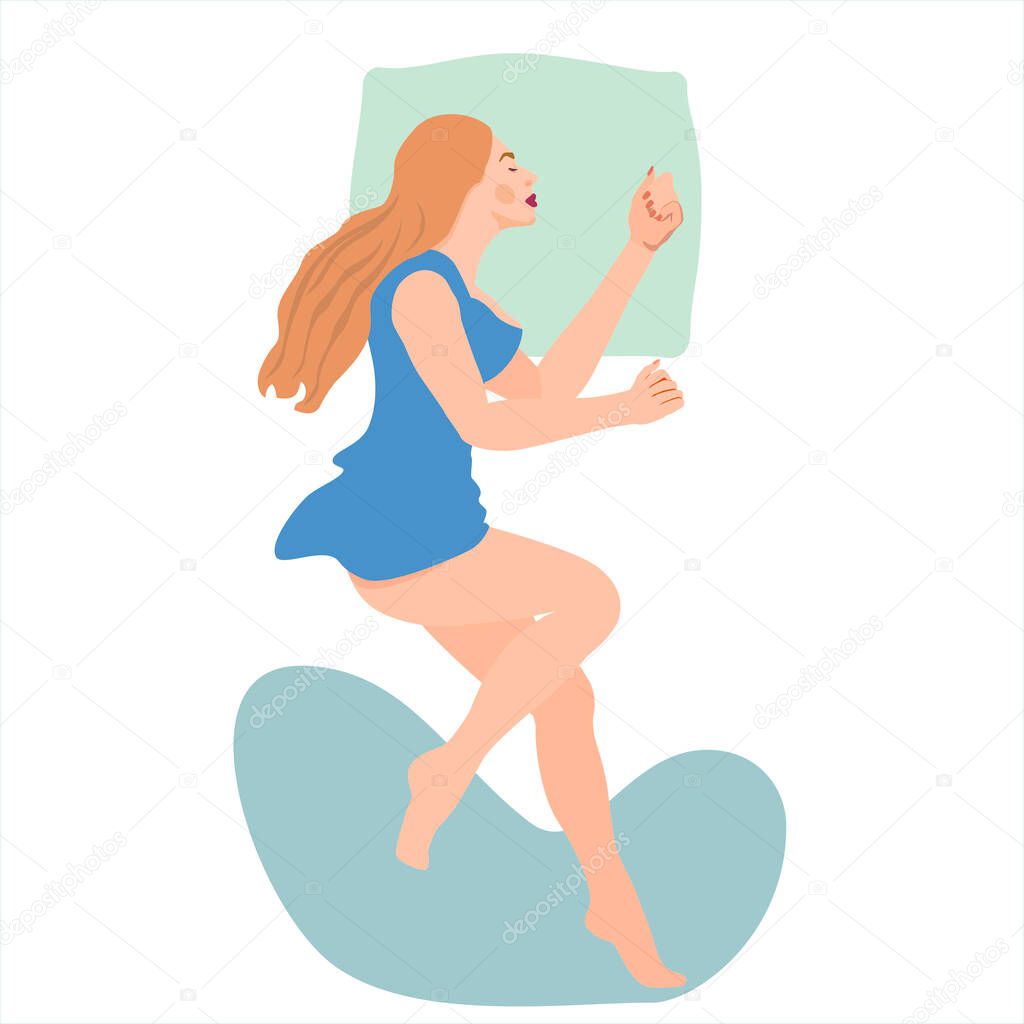 Beautiful woman sleeping in bed without a blanket. Female cartoon character lying in a comfortable pose on the side. Top view. Raster illustration in flat style. 