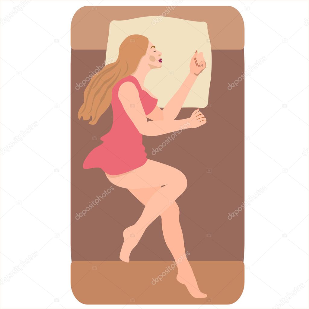 Beautiful young woman sleeping in bed without a blanket. Female cartoon character lying in a comfortable poseon the side. Top view. Vector illustration in flat style.