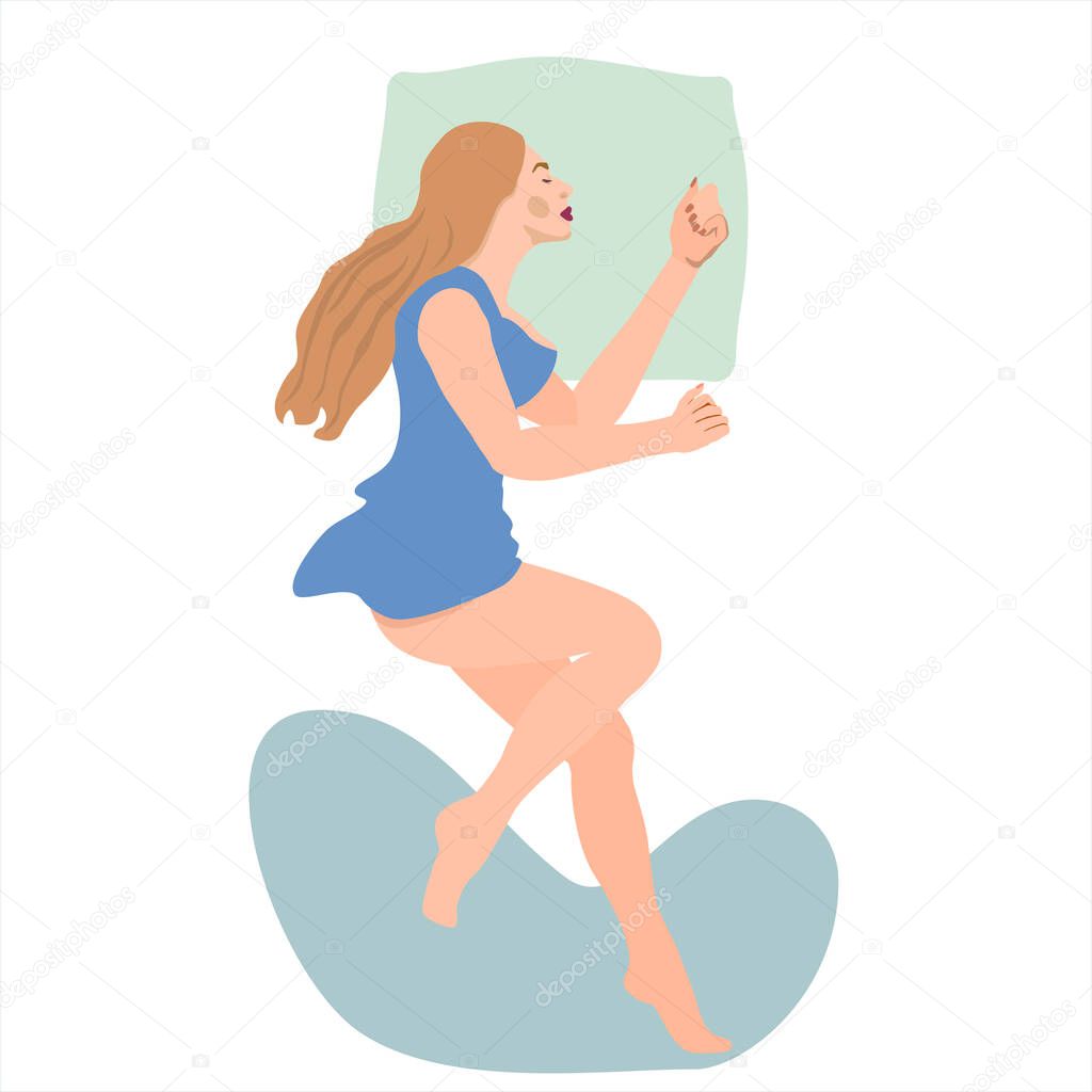 Beautiful young woman sleeping in bed without a blanket. Female cartoon character lying in a comfortable poseon the side. Top view. Vector illustration in flat style.