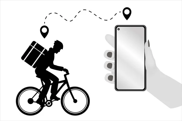 온라인 서비스는 삽화를 주문한다 도시에서 음식을 배달해 상자가 자전거를 이용하 — 스톡 사진
