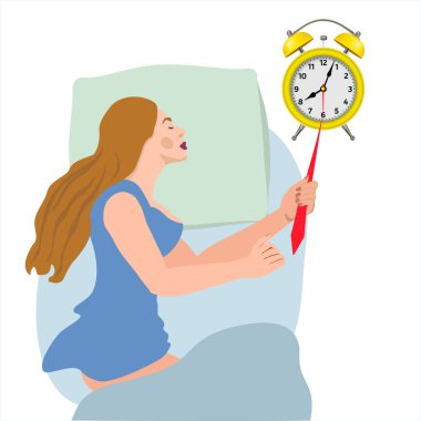 Kızın eli rüyasında çalar saatin okunu tutuyor. Gerçeküstü illüstrasyon. Öğrenci ya da kız geç uyanmaktan korkuyor. Çalar saat endişesi. Uyuyakalmışım, uyku konseptini tutturamadım..