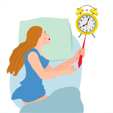 Kahverengi saçlı kadın battaniyesiz uyuyor. Kızın eli rüyasında çalar saatin okunu tutuyor. Gerçeküstü illüstrasyon. Üst Manzara. Düz biçimli vektör illüstrasyonu.