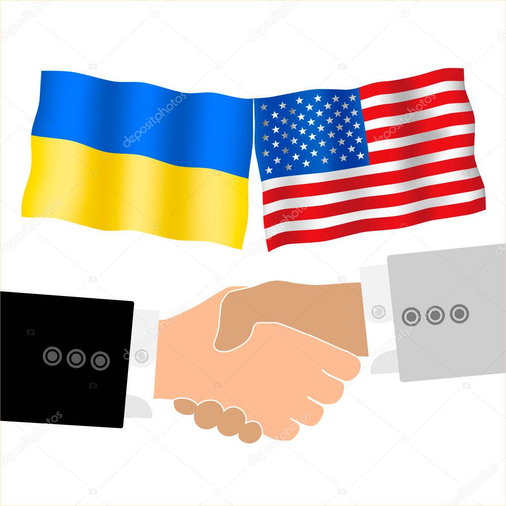 Friendly handshake on the background of two flags. Men handshake on the background of the Ukraine and US flag. Support concept.
