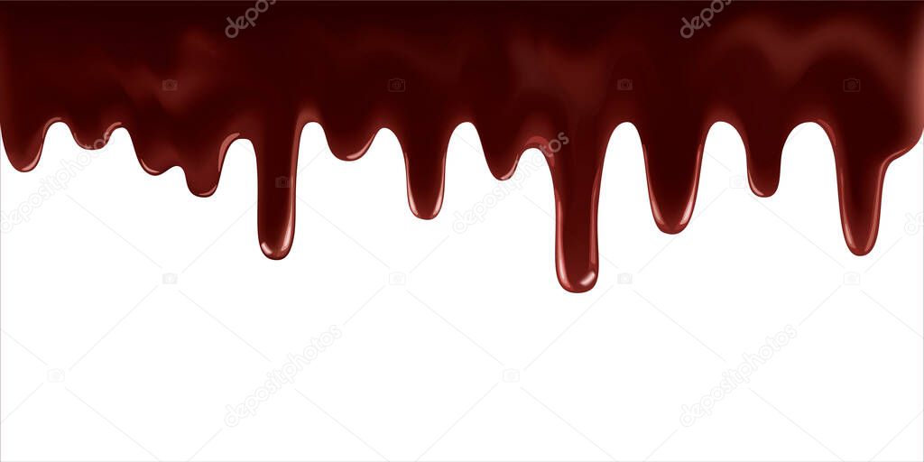 Realistic dripping melted dark or milk chocolate isolated on white background. Horizontal border elements.  Flows of liquid chocolate. Vector EPS 10