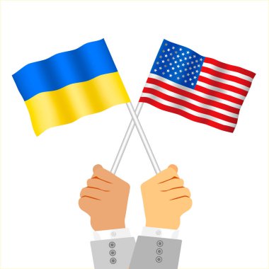 Hands holding american and ukrainian flag. Two waving state flags of United States and Ukraine. Flat vector illustration isolated on white background.  clipart