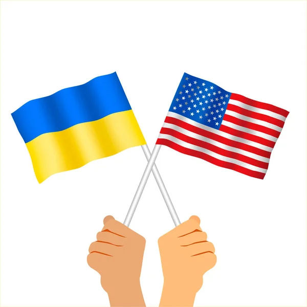 Amerikan ve Ukrayna bayrağını tutan eller. Birleşik Devletler ve Ukrayna 'nın iki bayrağı sallanıyor. Düz vektör çizimi beyaz arkaplanda izole edildi. 