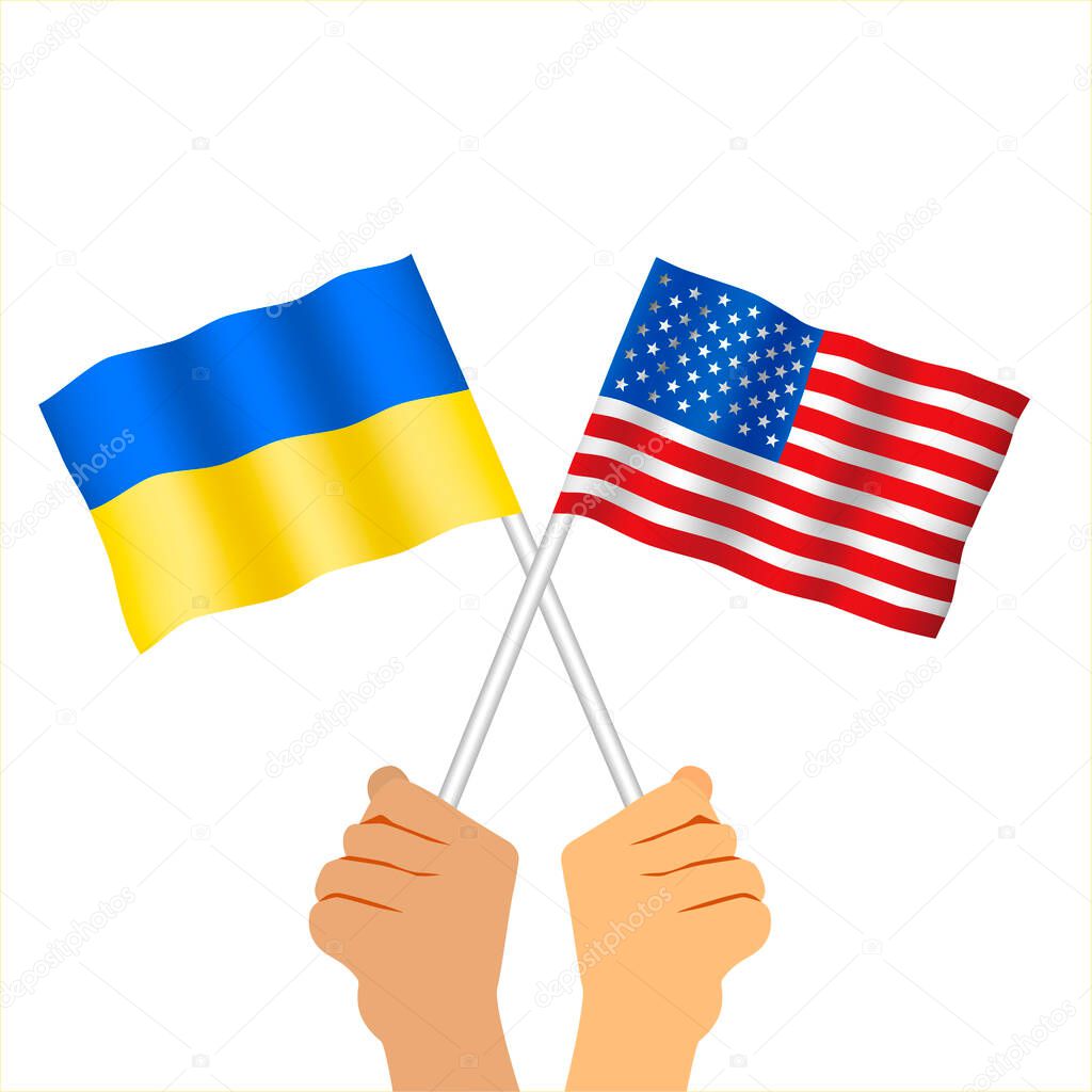 Hands holding american and ukrainian flag. Two waving state flags of United States and Ukraine. Flat vector illustration isolated on white background. 