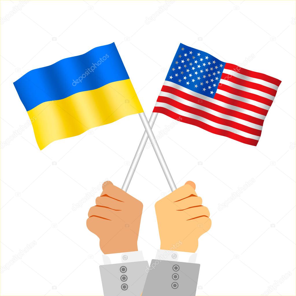 Hands holding american and ukrainian flag. Two waving state flags of United States and Ukraine. Flat vector illustration isolated on white background. 