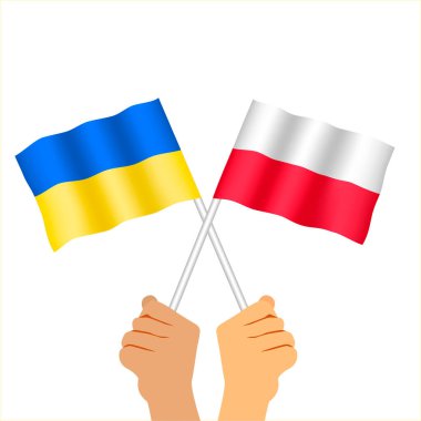 Hands holding Polish  flag and ukrainian flag. Two waving state flags of Poland and Ukraine. Flat vector illustration isolated on white background.  clipart