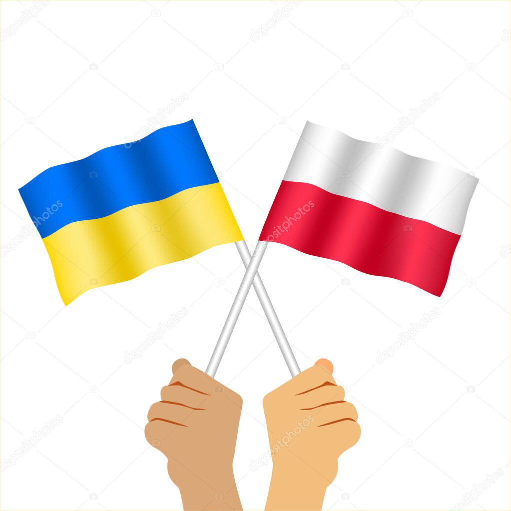 Hands holding Polish  flag and ukrainian flag. Two waving state flags of Poland and Ukraine. Flat vector illustration isolated on white background. 