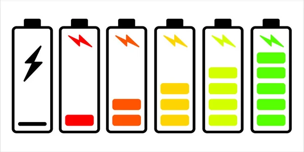バッテリ充電レベルインジケータ バッテリーアイコンセット バッテリ充電インジケータアイコン アルカリ電池容量充電アイコン 株式のためのフラットベクトルイラスト — ストックベクタ