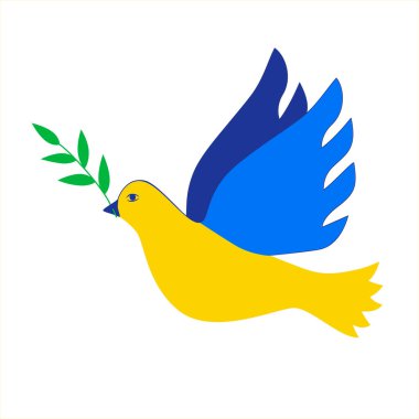  Ukrayna bayrağının renklerinin kalbindeki barış güvercini. Savaş yok. Barış sembolü olarak uçan kuş. Dallı güvercin. Raster illüstrasyonu beyaza izole edildi