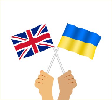 İngiliz ve Ukrayna bayrağını tutan eller. Büyük Britanya ve Ukrayna 'nın iki bayrağı sallanıyor. Düz illüstrasyon beyaz arkaplanda izole edildi.
