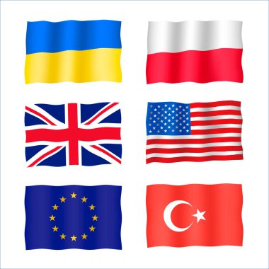 Set with waving flags. Ukraine, United Kingdom, Poland, American, turkish and European union flags.
