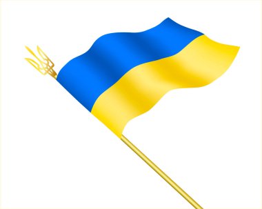 Beyaz arka planda Trizub izole edilmiş Ukrayna bayrağı. Direniş kavramı. Ukrayna 'daki savaşı durdurun. Ukrayna için dua et. Mızrak. Rüzgarda dalgalanan bayrak.