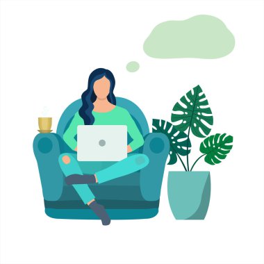 Dizüstü bilgisayarın altında bir fincan çayla oturan serbest çalışan bir kız. Kafasında konuşma balonu olan bir kadın. Evden uzak bir iş. Çevrimiçi danışmanlık ve kurslar kavramı. Düz biçimli basit illüstrasyon